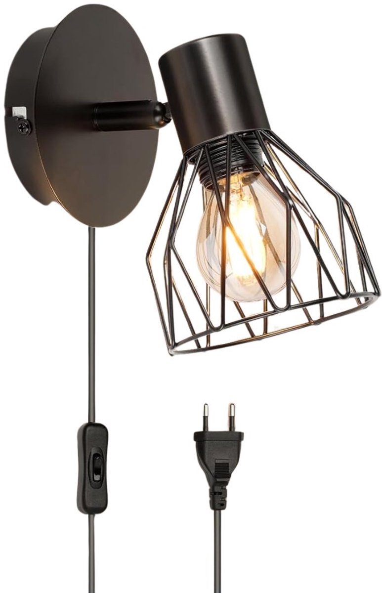 NBAP® Wandlamp Binnen met Snoer - Wandlamp met Stekker voor Binnen - met Dimbare Schakelaar - Industrieel en Vintage - Slaapkamer Bedlampje - Zwart
