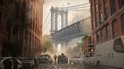 Gezicht op de Brooklyn Bridge, omringd door gebouwen en voertuigen. Een tank en militairen staan op straat.