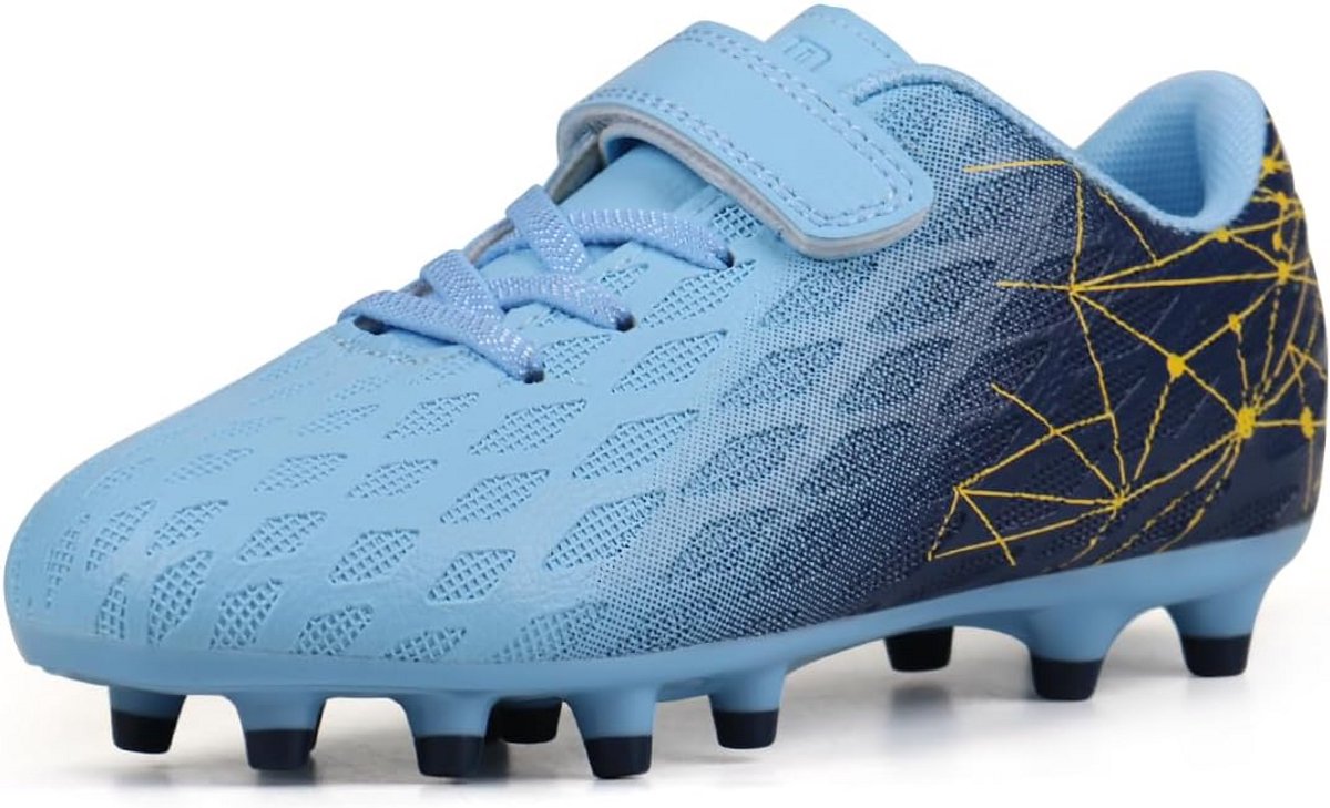 Stevige, blauwe voetbalschoenen met gele accenten en klittenbandsluiting, geschikt voor jongens en meisjes op firm ground.