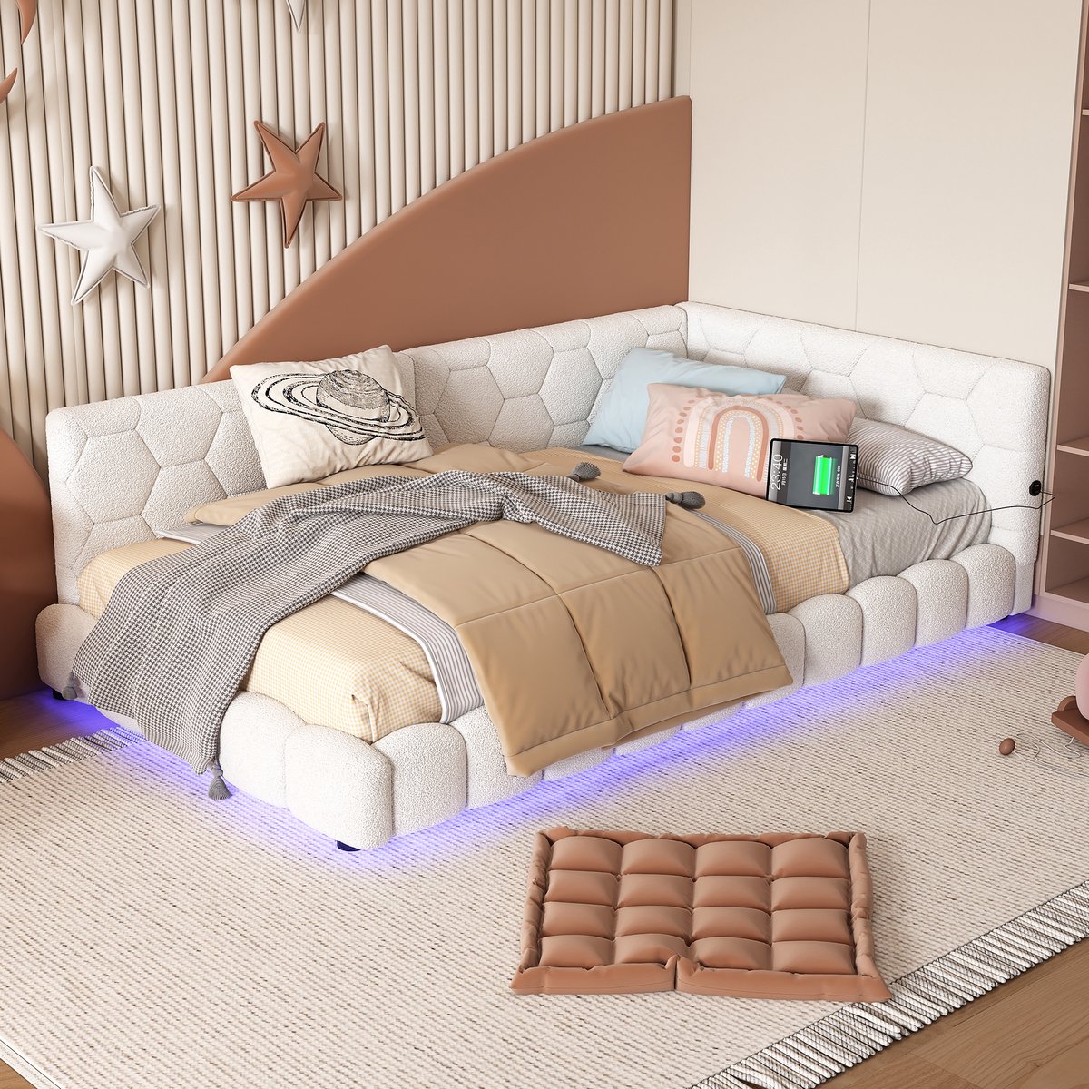 FloraGrace Daybed 90x200cm – Slaapbank Met Led Sfeerverlichting Met 16 Kleuren – Met Usb En Type C Oplaadpoort – Met Lattenbodem – Zonder Matras – Fluweel – Wit