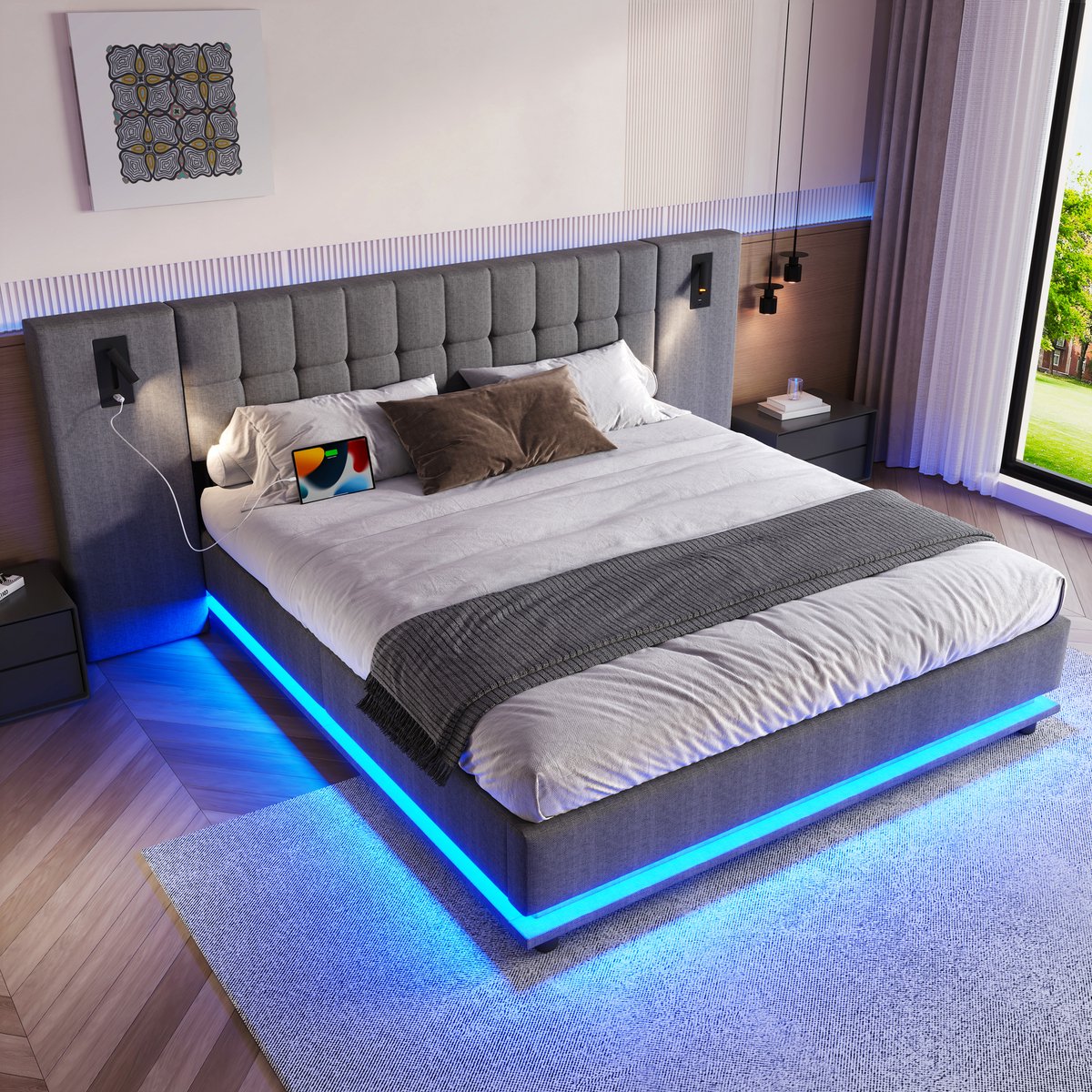 FloraGrace Gestoffeerd Bed 180x200cm – Met Led Verlichting En Leeslamp – Met Usb Oplaadpunt – Zonder Matras – Met Opbergruimte Onder Bed – Linnen – Grijs