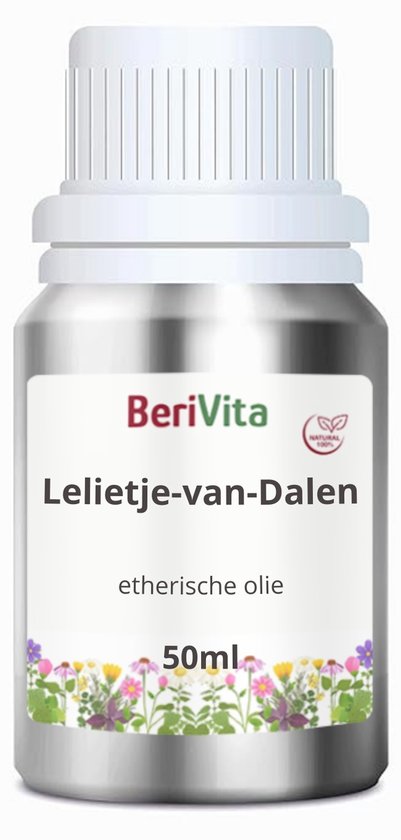 Een zilverkleurige fles van 50 ml Berivita Lelietje-van-Dalen etherische olie met een label met bloemen.