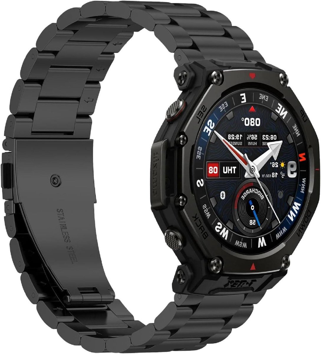 Allecto- Horlogeband 22 mm - Roestvrijstaal - Vervanging - Slijtvast - Licht - Geschikt voor Amazfit T-Rex 3 Pro 48 mm-T-Rex 3 Pro 44 mm, Horlogeband 20 mm compatibel met [Merk] - Zilver.