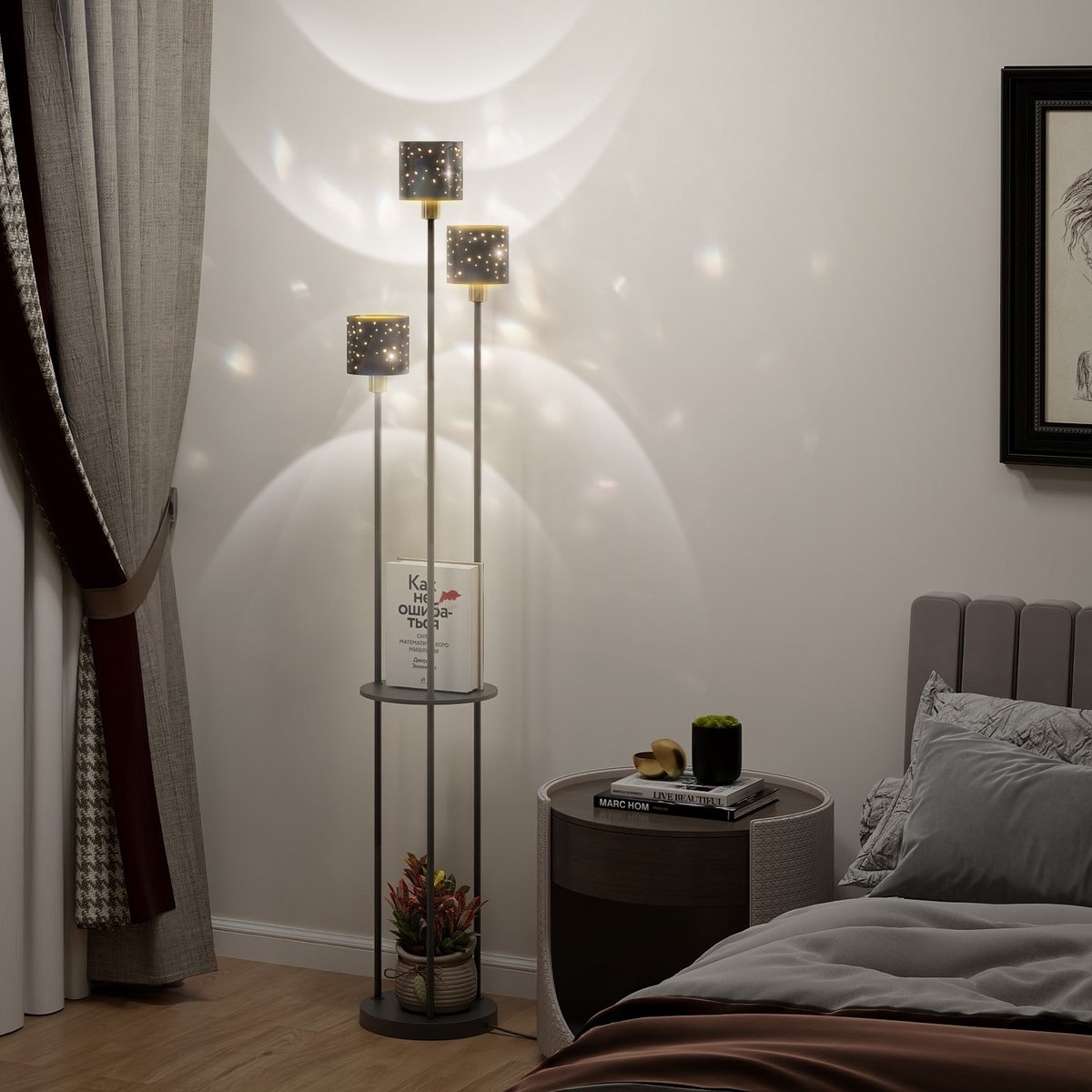 Puluomis - Vloerlamp - Lamp met 3 koppen - Planklamp - Metalen voet - E14 - Stervormige lampenkap - Zwart