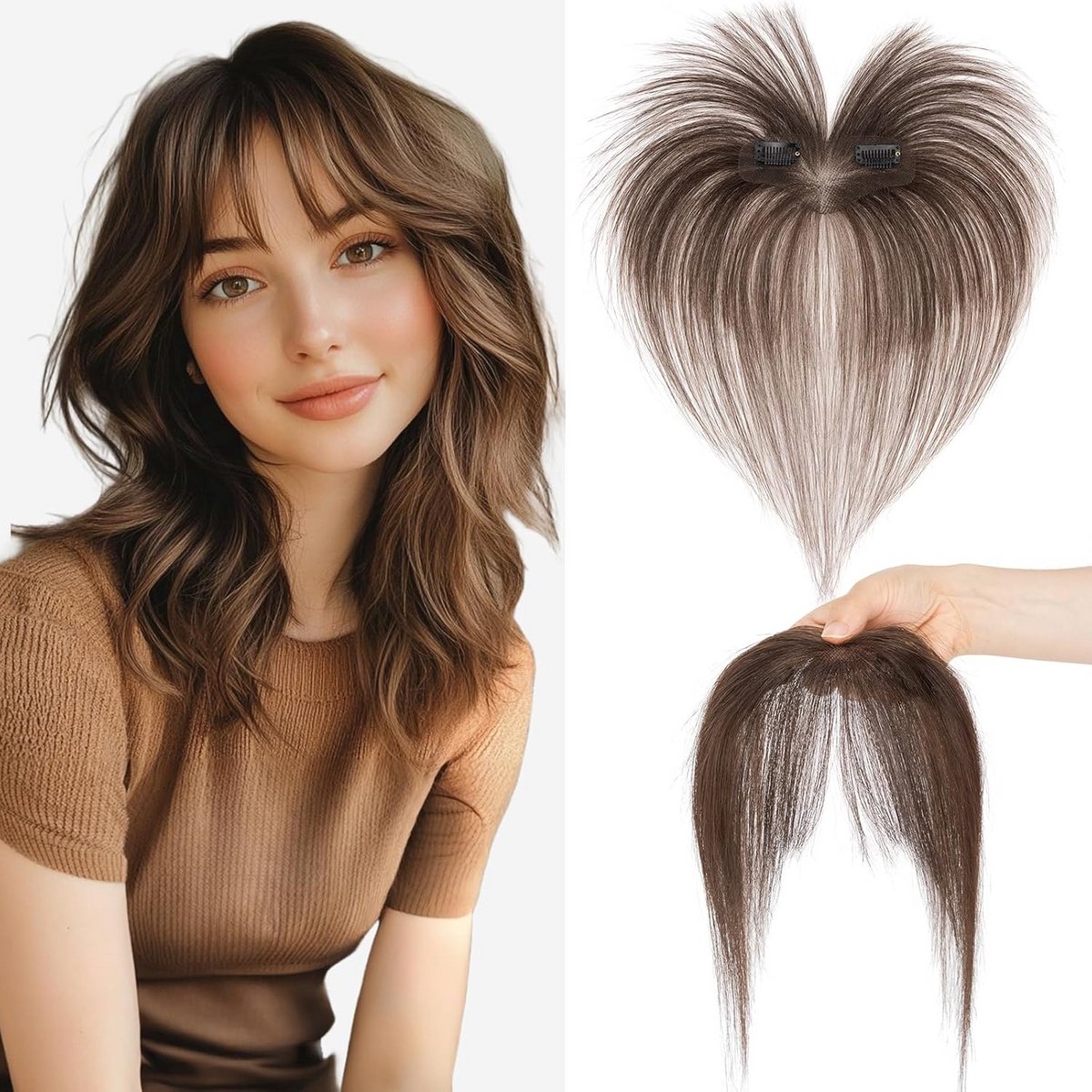 Echt Haar Clip-in Topper met Franse Pony voor Dames, Donker Bruin