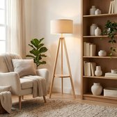Lampadaire Puluomis - lampadaire - lampadaire sur trépied - 157cm - étagère simple - bois de sapin - abat-jour en lin