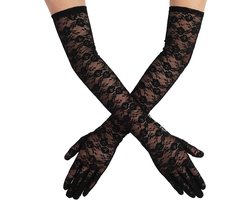 1 Paar Dames Kanten Handschoenen Lange Elegante Theekransje Engagement Dans Cocktail Party Opera Handschoenen, zwart