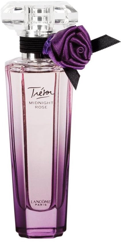 Lancôme Trésor Midnight Rose parfumfles met paarse gradiënt, zwarte band en paarse roos met lint.