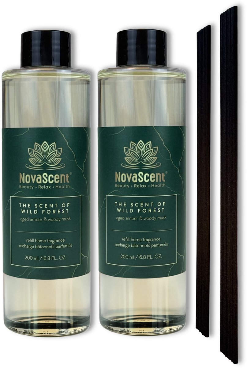 NovaScent® Home Fragrance Refill - Wild Forest (2 x 200 ml) - Aged Amber & Woody Musk - Rijke aroma’s - Sterk geconcentreerd - Geurstokjes - Etherische oliën - Aromatherapie - Fragrance Sticks - Huisparfum