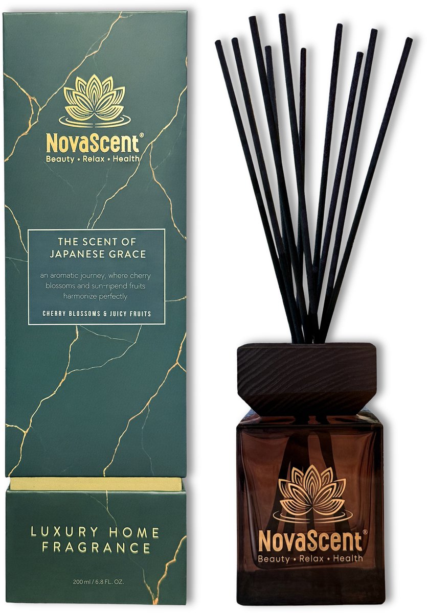 NovaScent® Home Fragrance - Japanese Grace (200 ml) - Cherry Blossoms & Juicy Fruits - Rijke aroma’s - Sterk geconcentreerd - Geurstokjes - Etherische oliën - Aromatherapie - Fragrance Sticks - Huisparfum