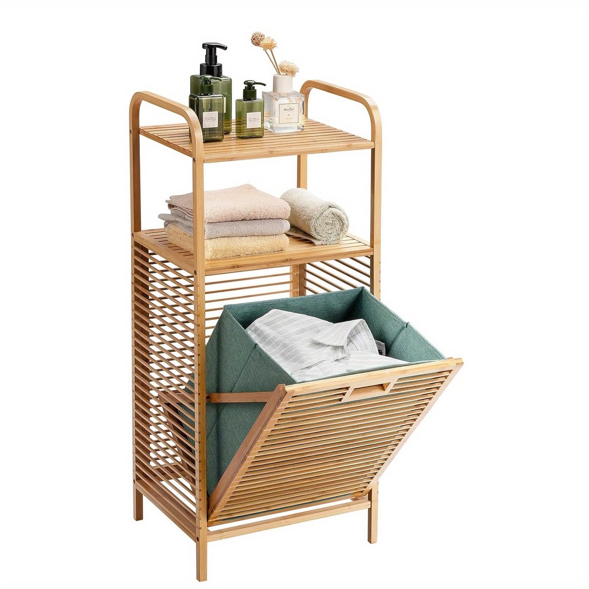 Badkamerplank met Wasmand, Bamboe Wasmandkast, Badkamerplank met Uitschuifbare Waszak, 40,5 x 33 x 95,5 cm, Wasmanden