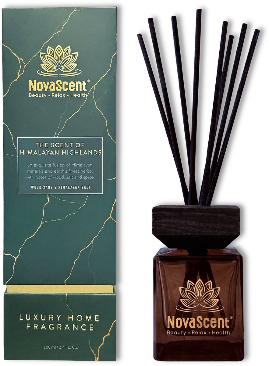 NovaScent® Home Fragrance - Himalayan Highlands (100 ml) - Wood Sage & Himalayan Salt- Rijke aroma’s - Sterk geconcentreerd - Geurstokjes - Etherische oliën - Aromatherapie - Fragrance Sticks - Huisparfum