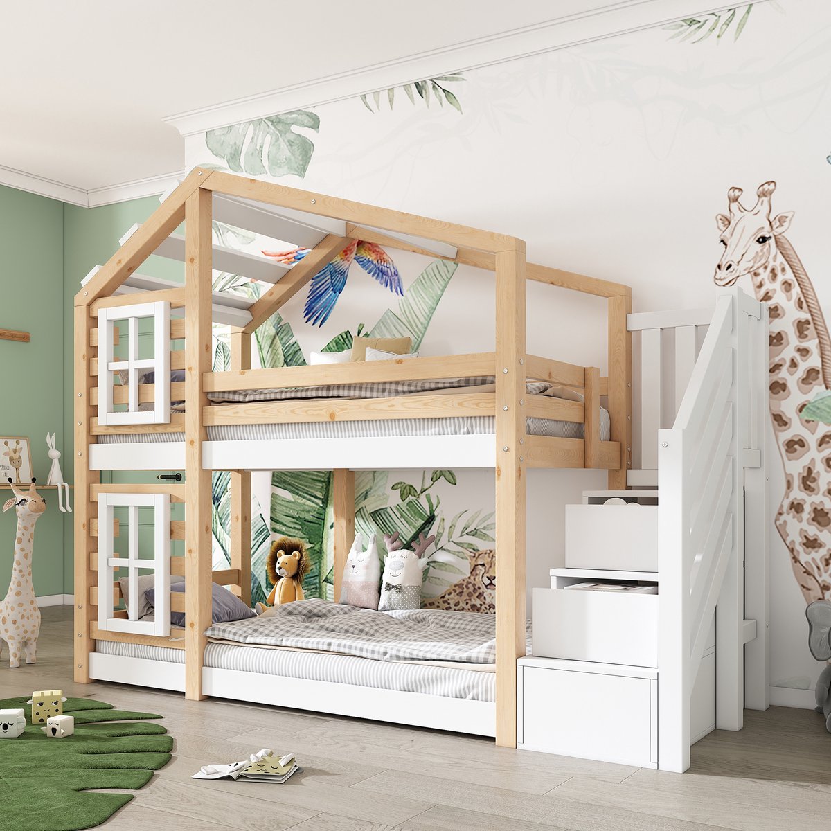 MODFU Kinder stapelbed 90x200 cm van massief hout en MDF – boomhuisdesign met opbergruimte – naturel/wit – EN747 Natuurlijk + Wit