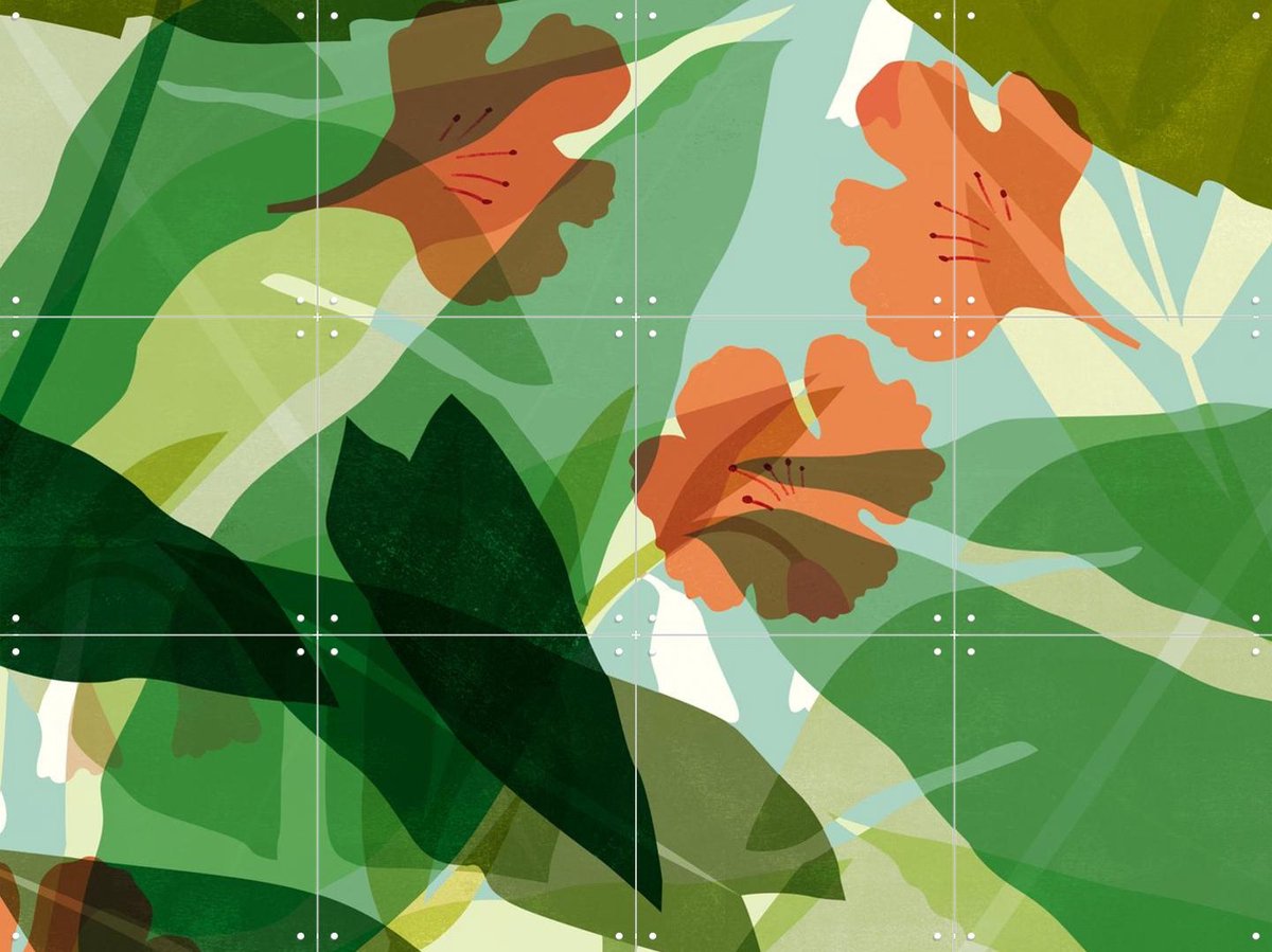 IXXI Leaves Green Orange, Lotte Dirks - 80 x 60 cm - Gratis ophangtool - Grote wanddecoratie en posters - Illustraties, Kleurrijk, Planten, Zomer