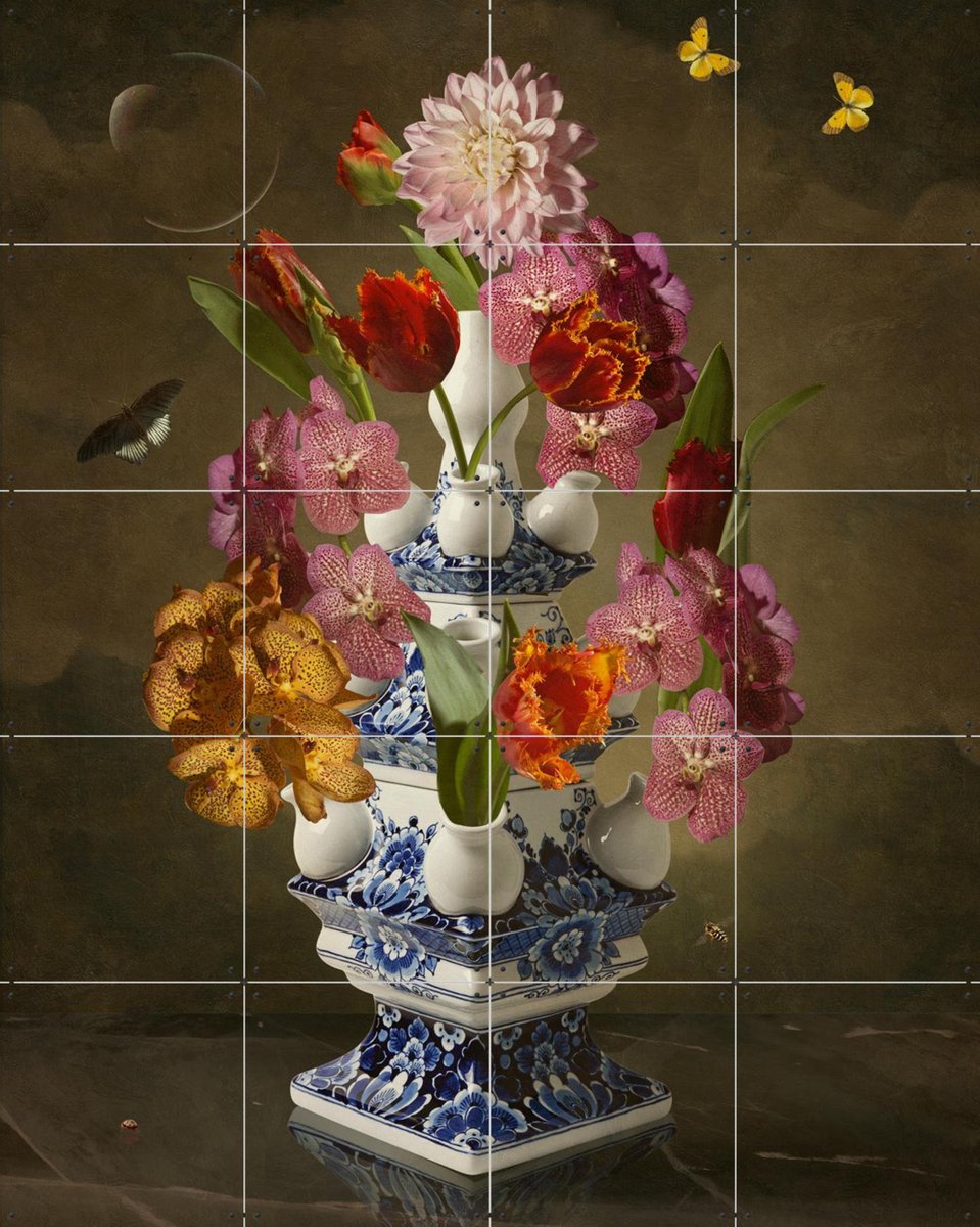 IXXI Heinen Delfts Blauw classic, Sander van Laar - 80 x 100 cm - Gratis ophangtool - Grote wanddecoratie en posters - Fotografie, Klassiek, Bloemen