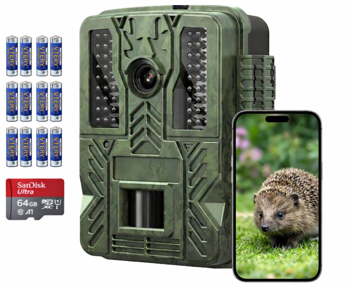 Valbomo® Wildcamera met Nachtzicht en WIFI - 4K Ultra HD - Wildlife camera - WiFi APP - Incl. 64GB SD - Tripod - 12 batterijen