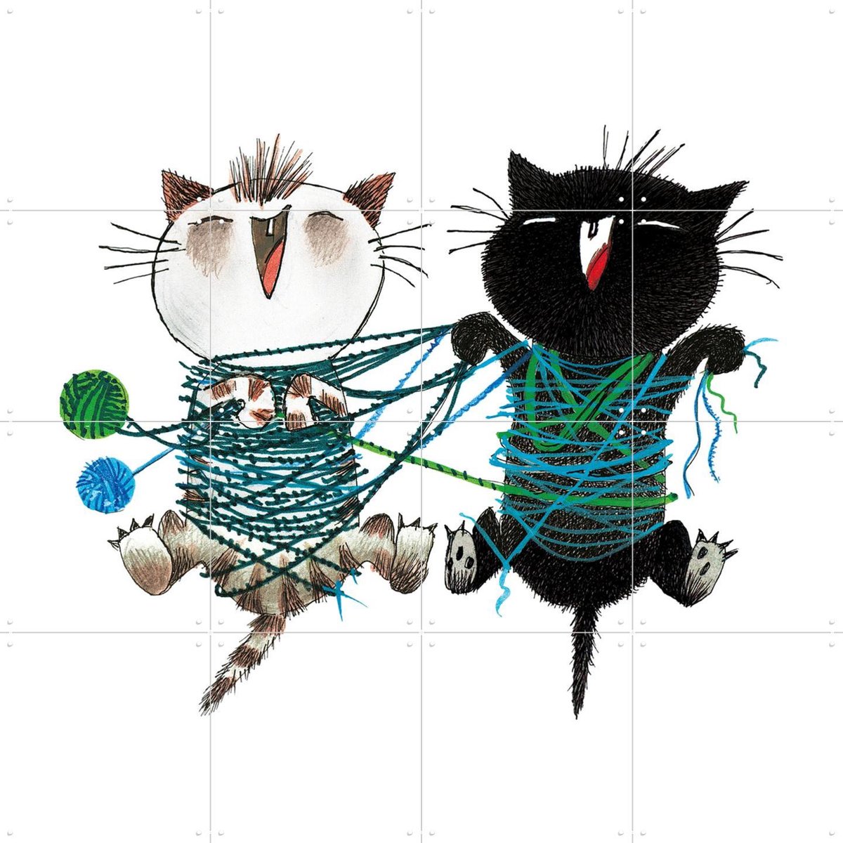 IXXI Pim & Pom spelen met wol, Fiep Westendorp - 80 x 80 cm - Gratis ophangtool - Grote wanddecoratie en posters - Speels, Illustraties, Cartoonesk