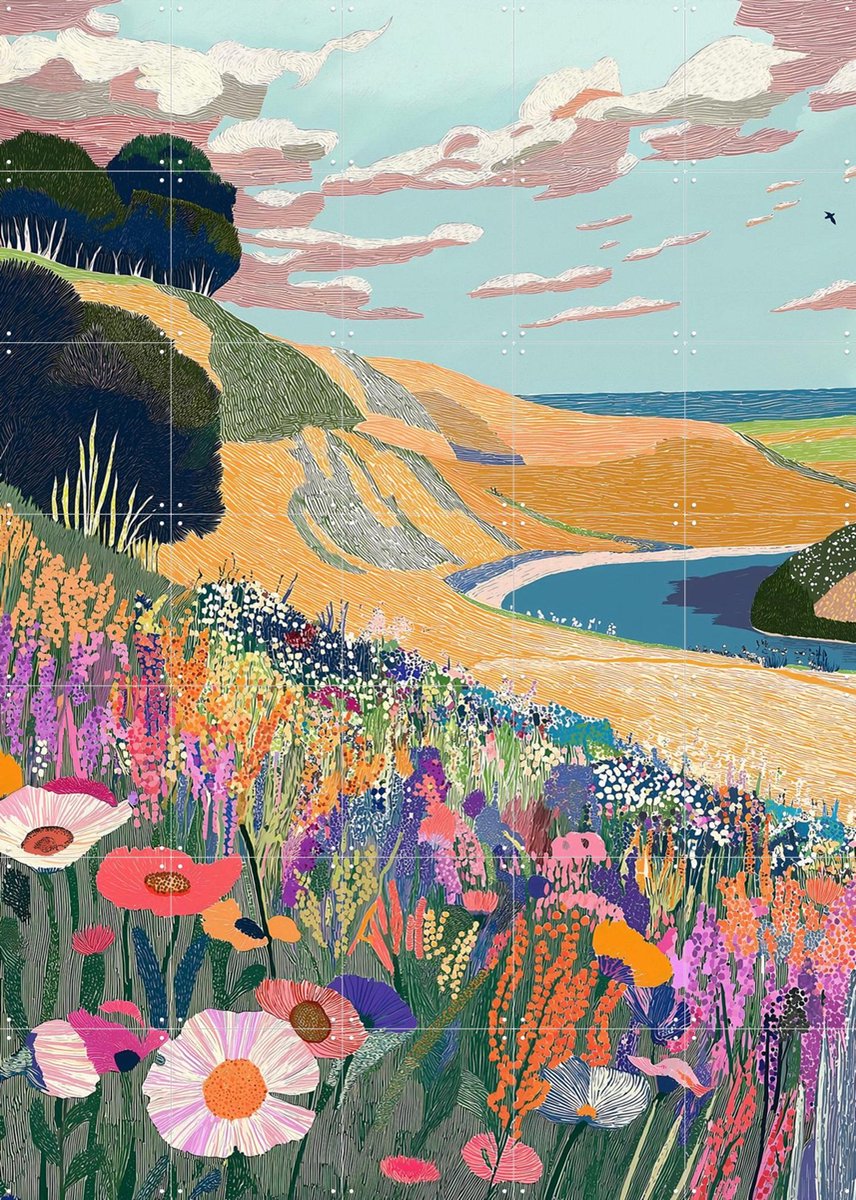 IXXI Wildflower Hill, Artclaud - 100 x 140 cm - Gratis ophangtool - Grote wanddecoratie en posters - Illustraties, Kleurrijk, Studeerkamer, Woonkamer