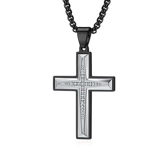 Lumici® | Chaîne de Croix v5 – Noir & Argent – Chaîne Jésus – Croix Chrétienne – Foi – Dieu – Jésus-Christ – The Lord – Spirituel – Religion – Pierre CZ – RVS – 45 cm – Cadeau Pour Femmes & Hommes