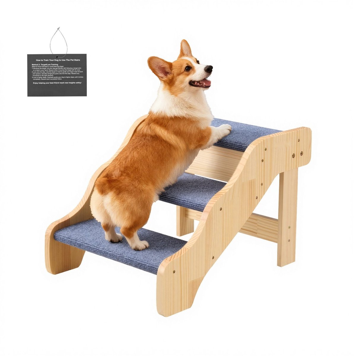 Hondentrap - 3-Treden Houten Huisdierentrap - 58x43x38 cm - Draagvermogen 68 kg - Voor bed, bank en auto - Geschikt voor kleine, middelgrote, grote en oudere huisdieren
