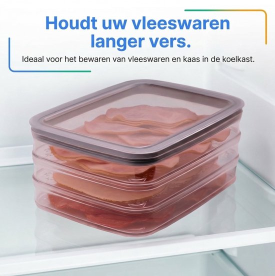 Boîtes de conservation empilables et transparentes avec de la charcuterie dans un réfrigérateur.