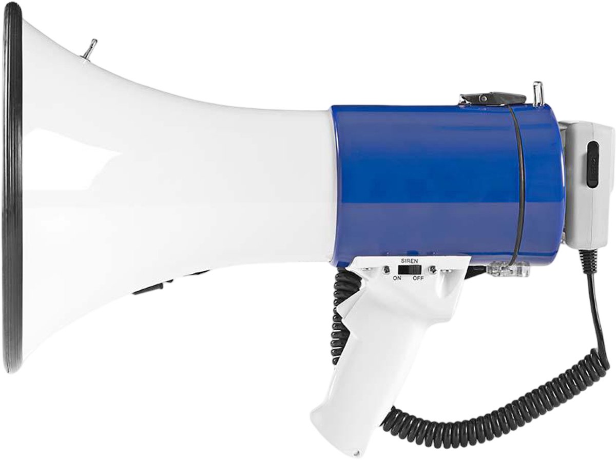 Megafoon, maximaal bereik 1500 m, volumeregeling max. 120 dB, afneembare microfoon, geïntegreerde sirene, opnamefunctie, USB-afspelen, schouderriem, zwart/wit