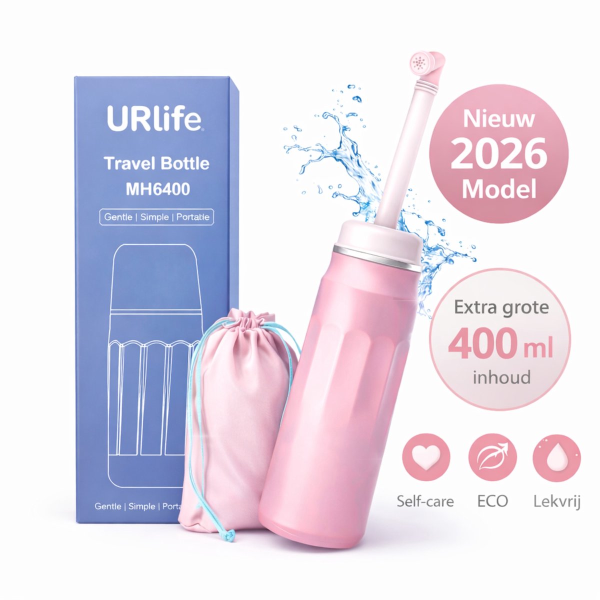 URlife Peri Bottle 400 ml – Postpartum Spoelfles & Draagbare Bidet – Vaginale douche – Perineum Reiniging na Bevalling – Intieme Verzorging & Kraamzorg – Roze