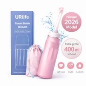 Roze URlife draagbare bidet van 400 ml spuitend water, naast een doos en opbergzakje. "Nieuw 2026 Model. Extra grote 400 ml inhoud."