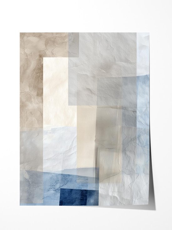 Poster met abstracte geometrische vormen in blauw, beige en grijs met een subtiele kreukeltextuur.