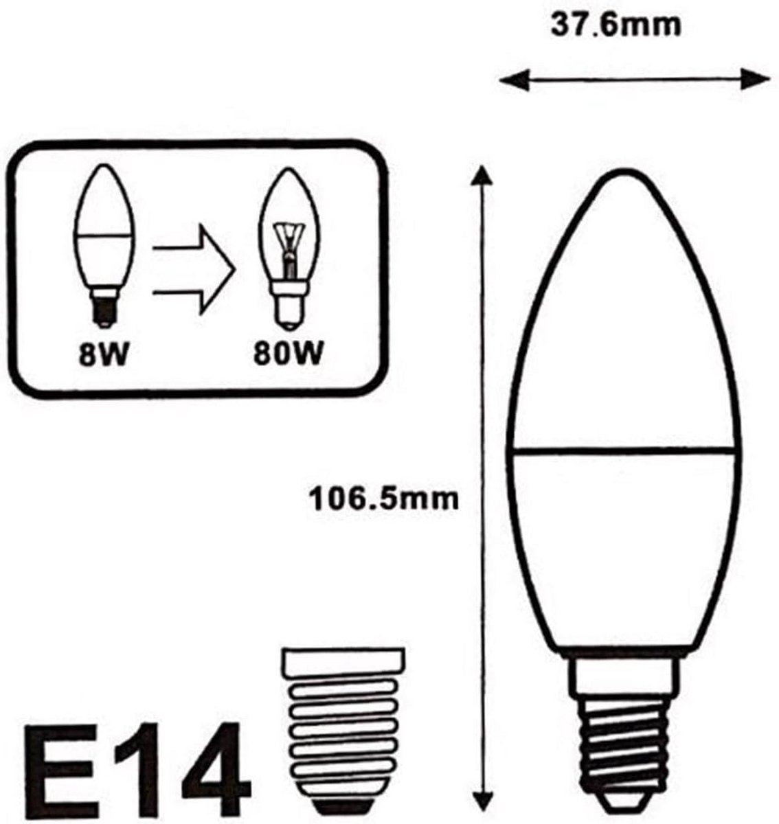 Set van 10 E14 LED Filament Kaarslampen 8W Vervangt 60W Warm Wit Licht