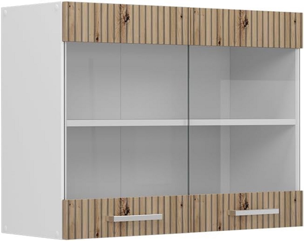 Glazen Keukenkast met Vitrine - Artisanaal Eiken en Wit Design - 80 cm Breed