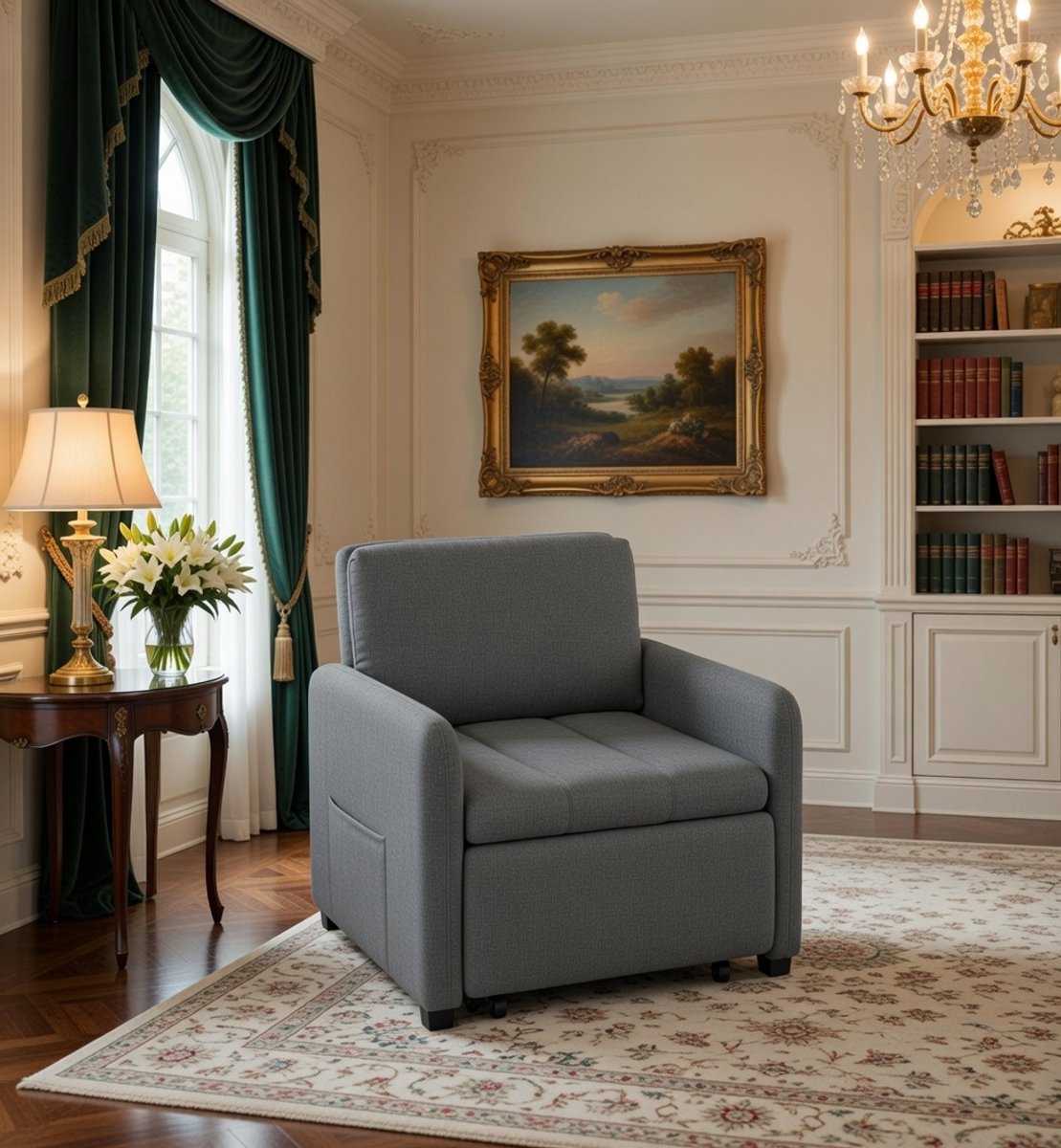 Comfort 3-in-1 Slaapstoel met 5-Standen Verstelbare Rugleuning in Zijvak – Donkergrijs Casa Serena – Afmetingen op aanvraag – Casa Dorada
