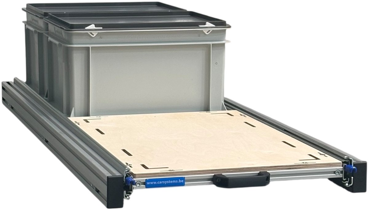 Schuifframe aluminium voor camper 120x40 cm inclusief 2 bakken met deksel en multiplex berk 9 mm bovenplaat