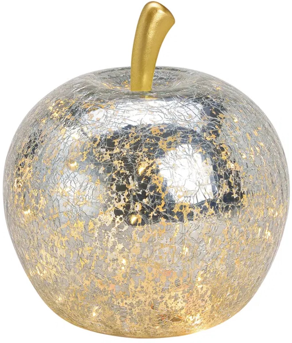 Zilveren glazen appel met 30 led , timer, (B/H/D) 22x24x22cm