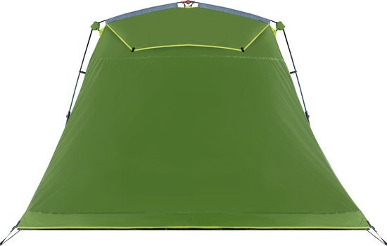 Achterkant van een groene tent met grijs dak, staand op wit.