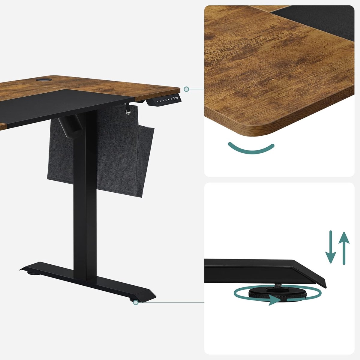 Electric Desk Casa Velluto – Adjustable Height Sit-Stand Desk 120x60 cm, Split Top Vintage Brown & Black, Memory Function for 4 Heights, Collision Protection, Cable Management, Modern Rustic Office Desk