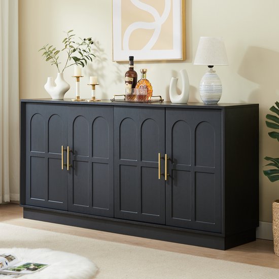 HAUSS SPOLE Dressoir - Moderne Opbergkast Met Gebogen Deurfront En Verstelbare Planken - Voor Woonkamer Keuken Eetkamer Hal - MDF - Zwart - 169x40x80 Cm