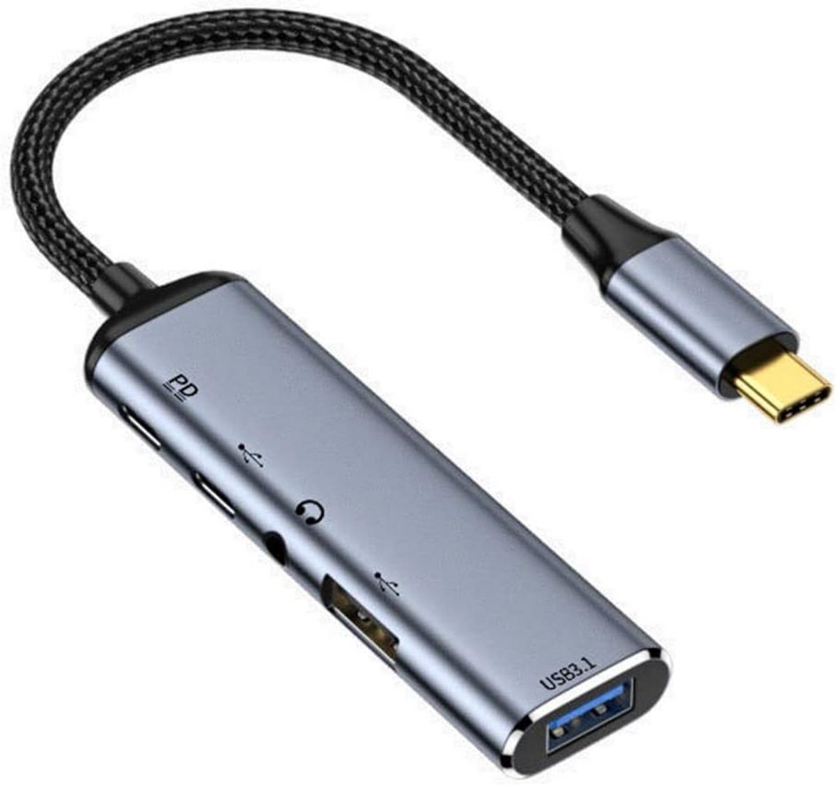 USB C Hub Adapter met 3.5mm Audio, 2 USB-A, USB-C Data en 100W PD Opladen