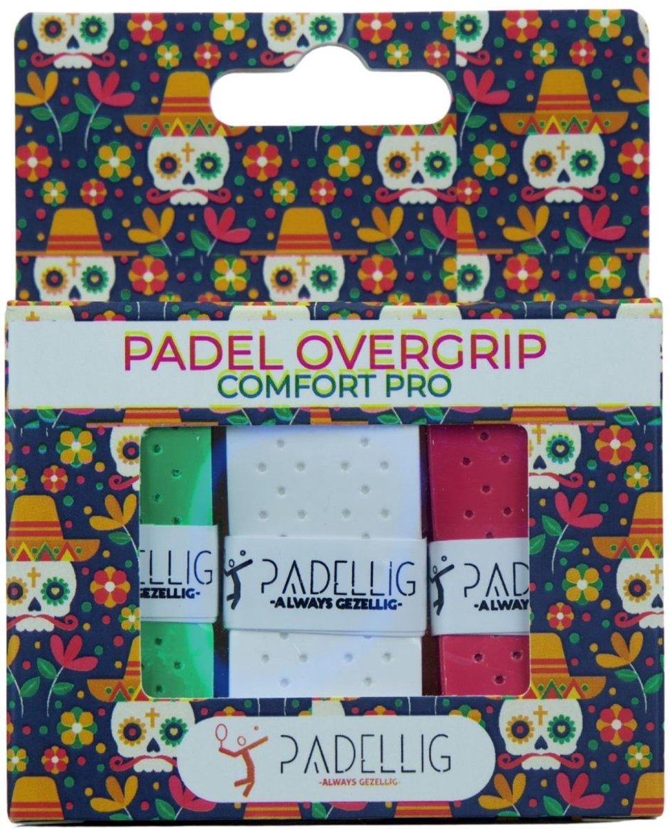 Padellig DIA DE LOS MUERTOS overgrip - Overgrip - Griptape - Comfort Pro - Antislip - Overgrip tennis - Overgrip padel - Groen, Wit, Rood - 3 stuks