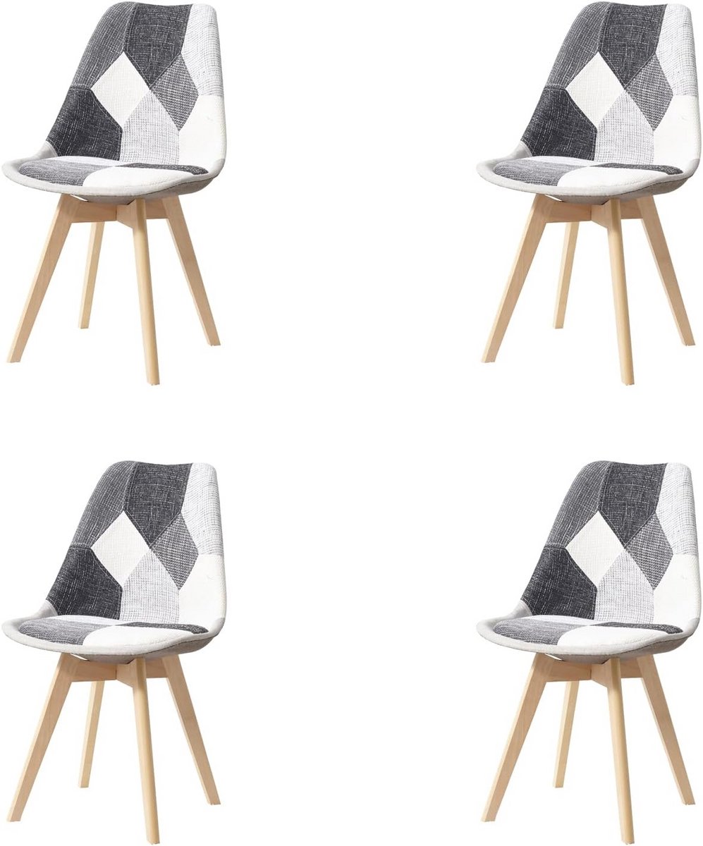 Set van 4 Patchwork Eetkamerstoelen met Houten Poten en Afneembaar Zitkussen