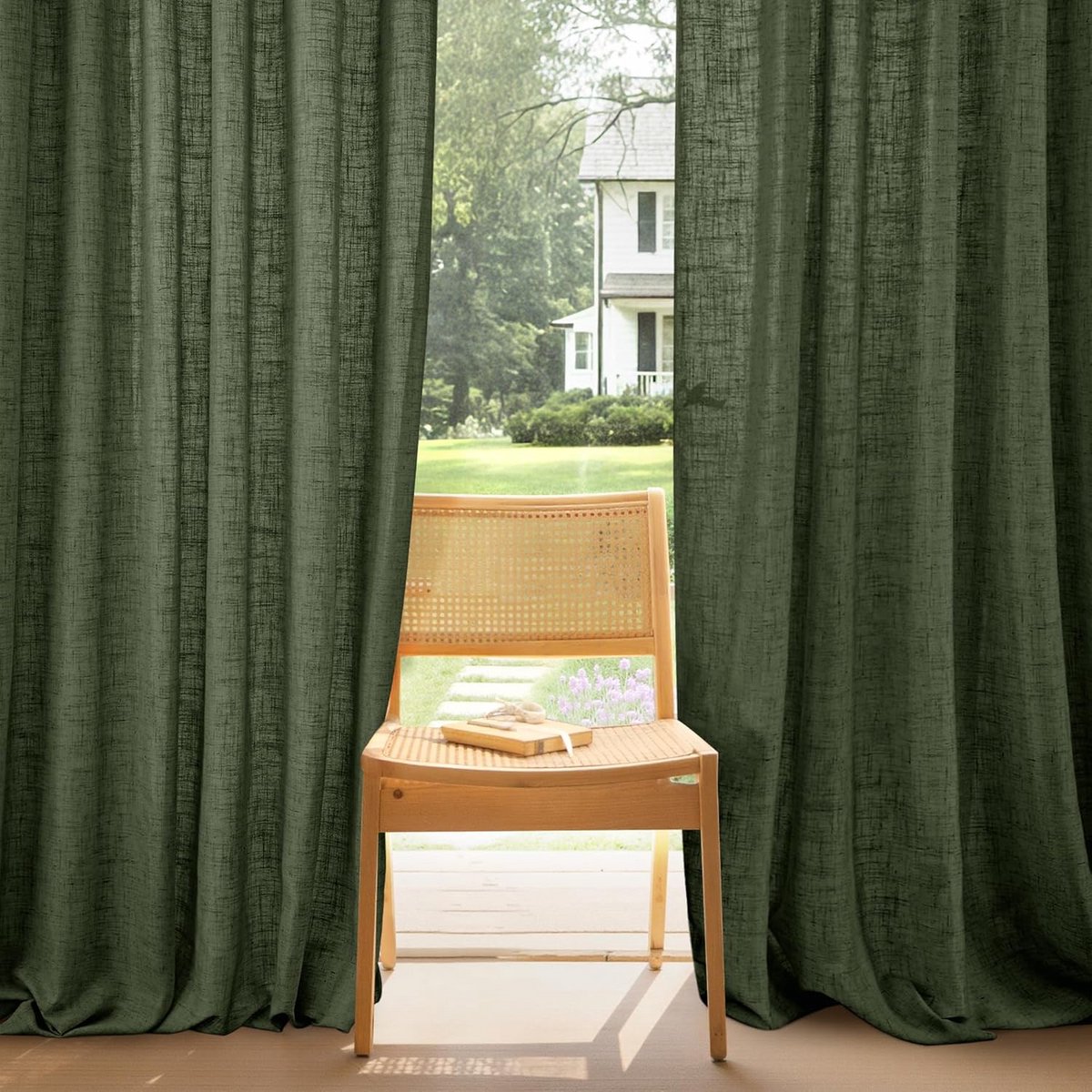 Extra Lange Gordijnen 300x260 cm Mosgroen - Linnen Look Lichtdoorlatend voor Woonkamer en Slaapkamer