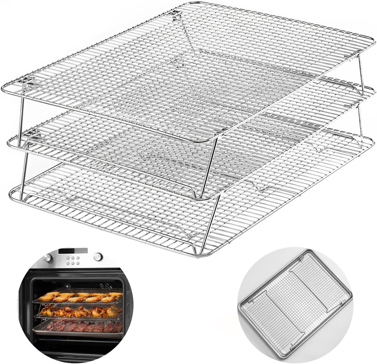 BOTC Afkoelrek - 3 Lagen - Non-Stick - 42*30*15cm-Stapelbaar Ovenkoelrek - Geschikt voor Koekjes en Pizza's - Zilver