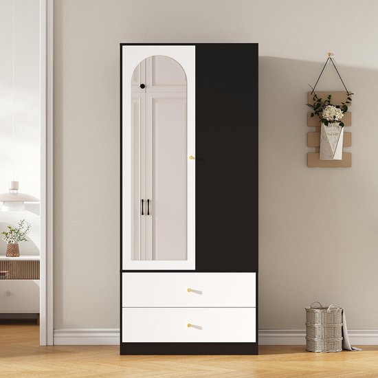 BLACKCOLORS Kast met spiegel en één deur. Moderne kapstok met 2 lades en 4 planken, ideaal voor veelzijdige opbergruimte in de slaapkamer. Wit en zwart, afmetingen: 80 x 40 x 180 cm