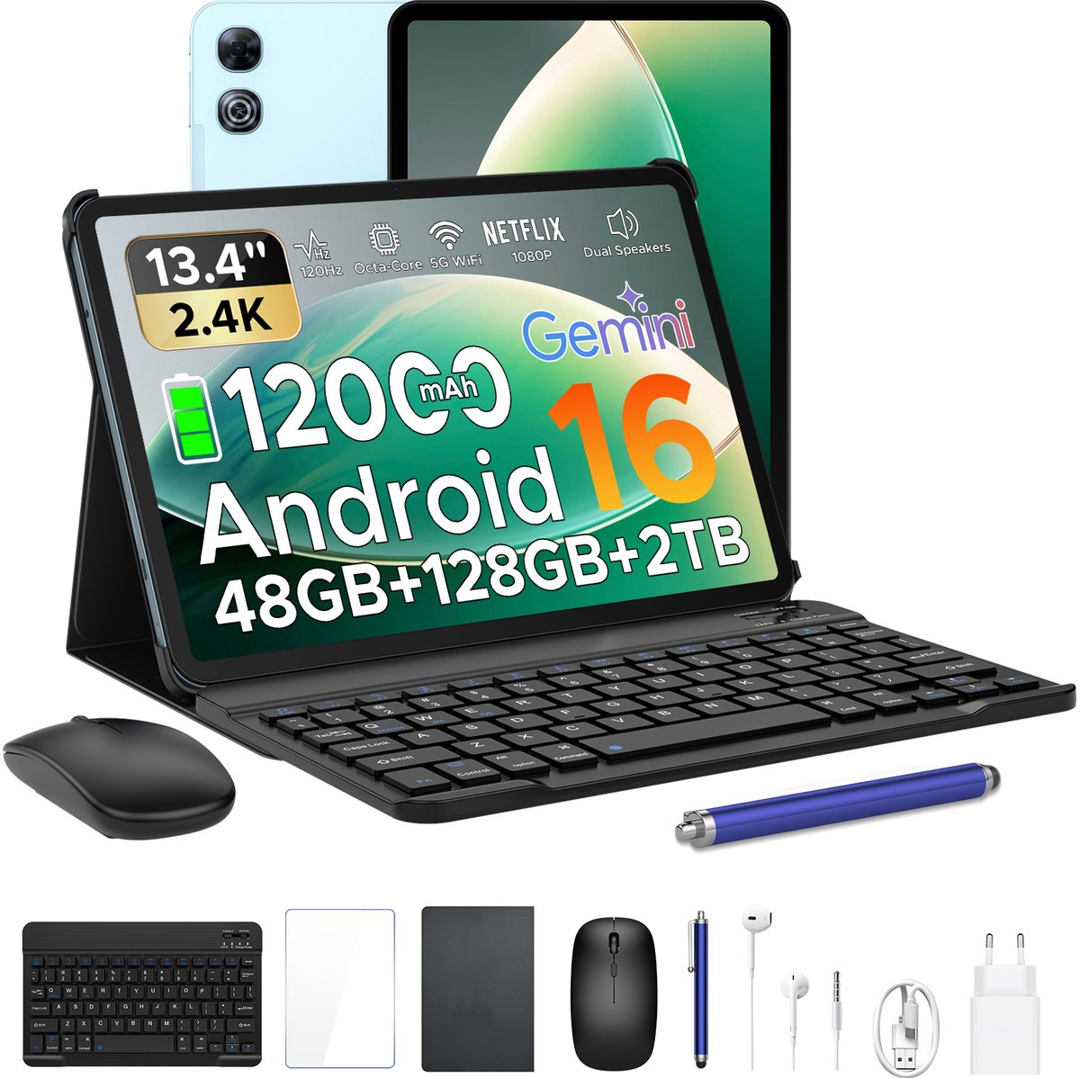 Aorlym P13 Tablets - 48 GB RAM 128 GB ROM - 13,4 inch 2,4K 120 Hz - Android 16 - Gemini AI - 12000 mAh/18 W - Face ID - Widevine L1 - 13 MP + 8 MP camera - Dubbele luidsprekers - Tablet met toetsenbord en pennenhouder - Blauw