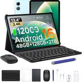 Aorlym P13 - Tablet - Tablets - 48 GB RAM + 128 GB ROM - 13,4 inch 2,4K 120 Hz - Android 16 - Gemini AI - 12000 mAh/18 W - Face ID - Widevine L1 - 13 MP + 8 MP camera - Dubbele luidsprekers - Tablet met toetsenbord en pennenhouder - Blauw