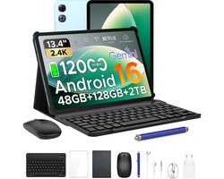 Aorlym P13 Tablets - 48 GB RAM 128 GB ROM - 13,4 inch 2,4K 120 Hz - Android 16 - Gemini AI - 12000 mAh/18 W - Face ID - Widevine L1 - 13 MP + 8 MP camera - Dubbele luidsprekers - Tablet met toetsenbord en pennenhouder - Blauw