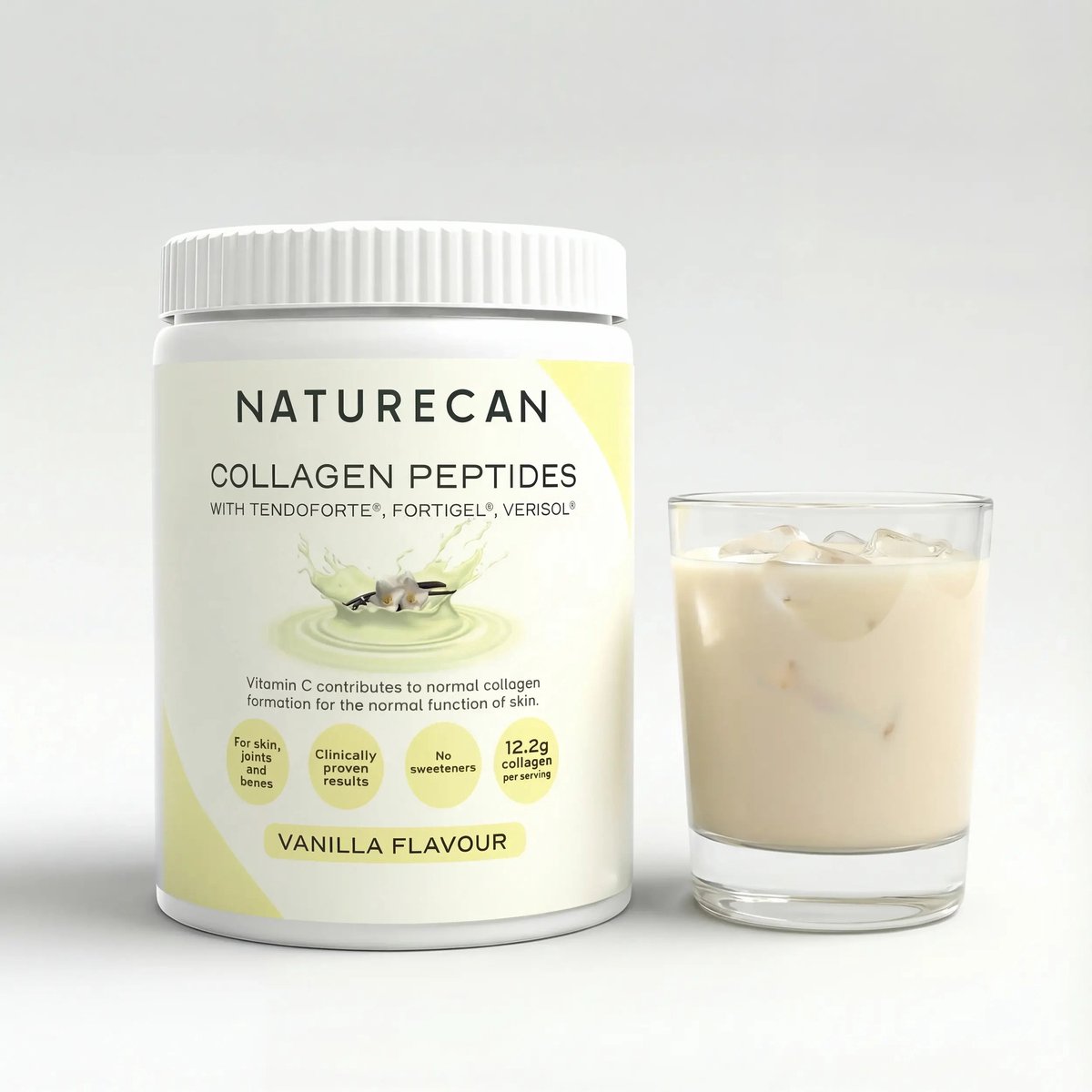 Naturecan Collageen Poeder - Vanille - 300 g - Gehydrolyseerde Collageen Peptiden met Vitamine C - 12,2 g per portie - Type I & III Rundercollageen - VERISOL®, FORTIGEL® & TENDOFORTE®