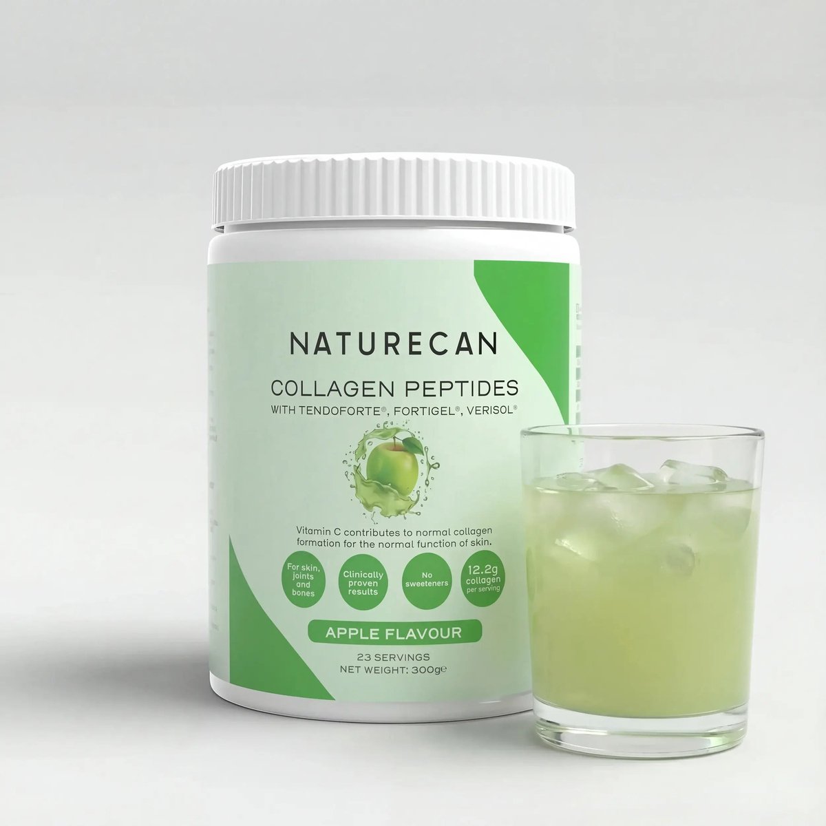 Naturecan Collageen Poeder - Appel - 600 g - Gehydrolyseerde Collageen Peptiden met Vitamine C - 12,2 g per portie - Type I & III Rundercollageen - VERISOL®, FORTIGEL® & TENDOFORTE®