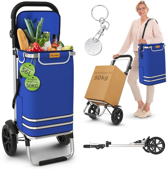Blauwe boodschappentrolley met grote wielen, gevuld met boodschappen. Kan belast worden tot 50KG.
