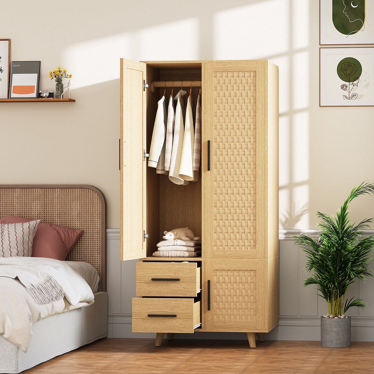 ROSAHQNDA Slaapkamerkast met 3 deuren en 2 lades, kast in rotanlook in landelijke stijl, kledingkast met planken, wasstang, kantelbeveiligingskast, voor slaapkamer, garderobe, natuurlijke houten kleur, 80x52x166cm